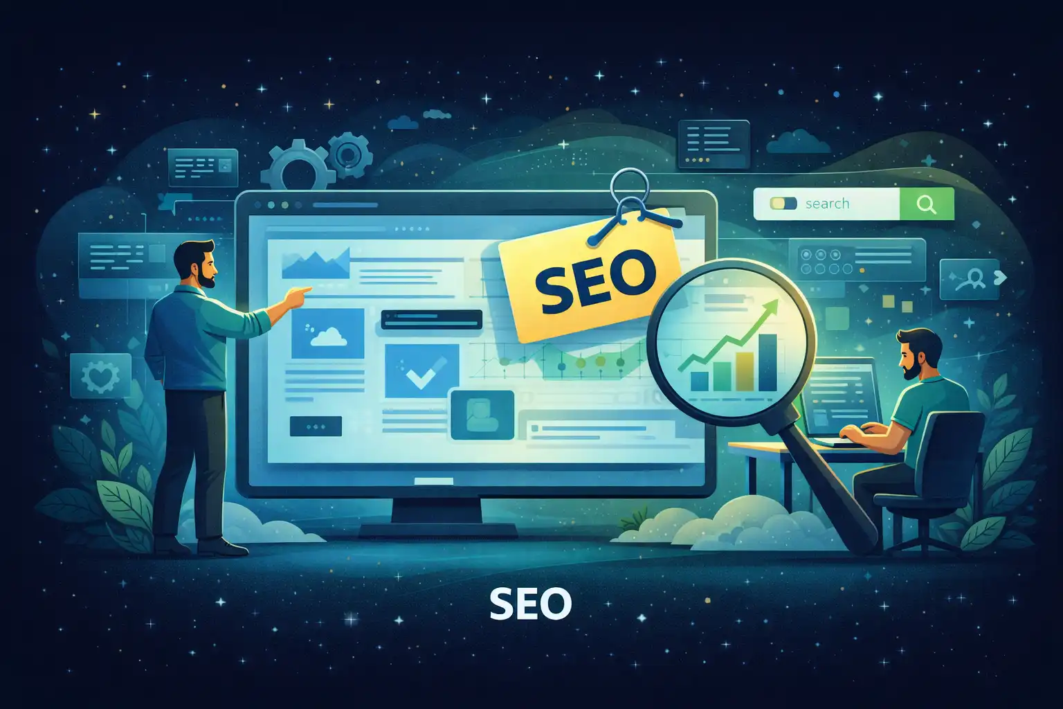 Ilustración de analítica web, SEO técnico y crecimiento